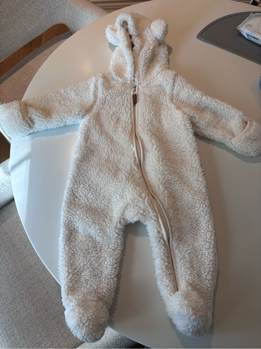 H&M Cream Sherpa Hooded Baby Footed One-Piece